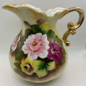 Vintage Porcelain Rose Pattern Pitcher with Gold Accents